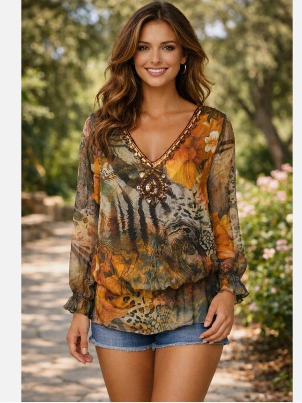 Mushka Sienna Rose Top Sz M Fairy Babydoll Flowy Sheer Beaded Tunic Cinch Waist